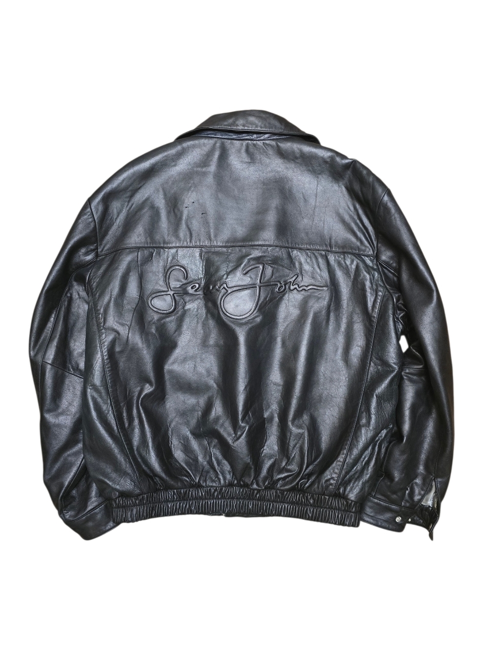 VTG! Sean John Black Leather Bomber Jacket Embroidered Lined Sz L